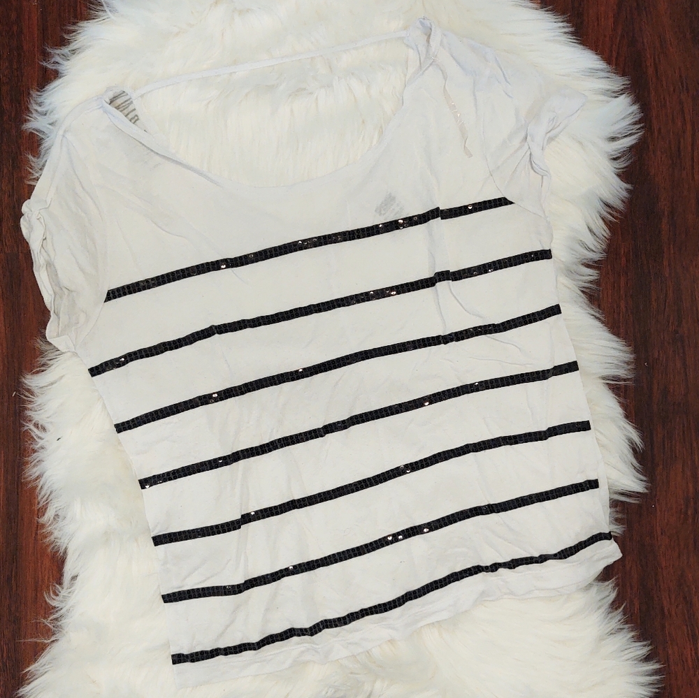 PINK Victoria's Secret Black and White Sequin Bling Stripe Cut Out Back T-shirt